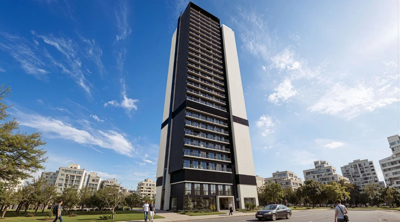 Fachada de la torre residencial Sky Alzira en Alzira, Valencia